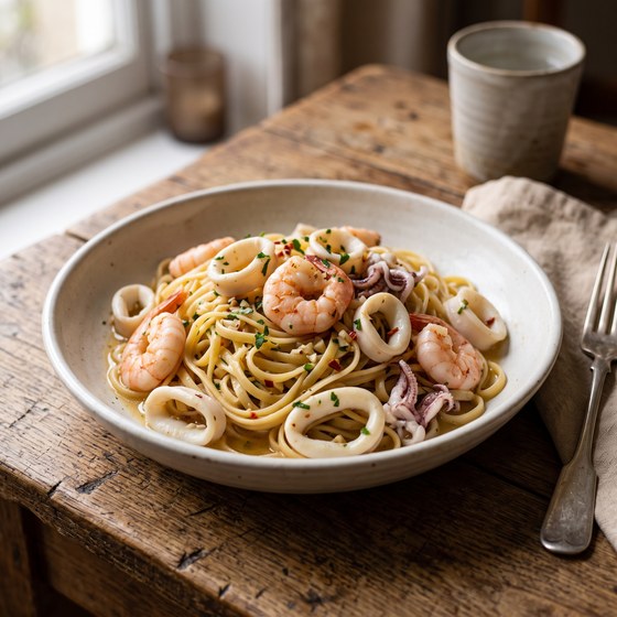 Linguine on rustic wood